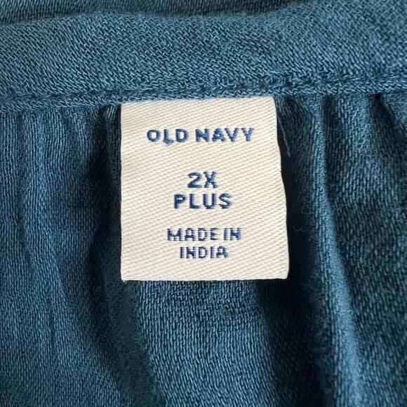 Old Navy Womens Plus Blouse 2X Teal Blue Peasant Tunic Crinkle Long Sleeve Boho - Picture 5 of 7